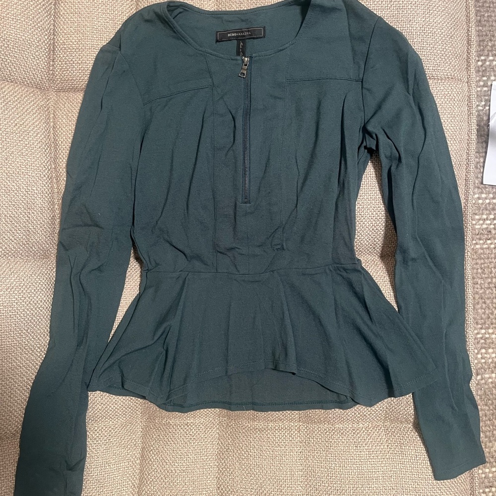 BCBGMaxAzria Black Long-Sleeve Peplum Top with Front Zip